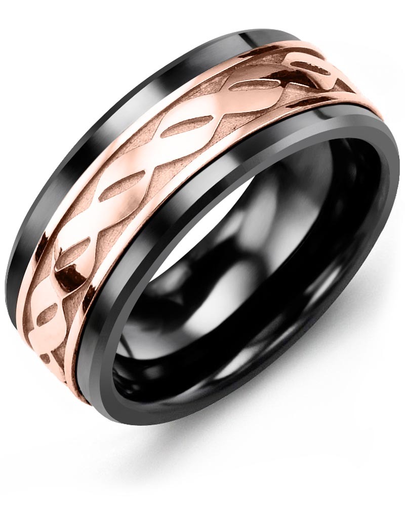Men's & Women's Black Ceramic & Rose Gold Wedding Band