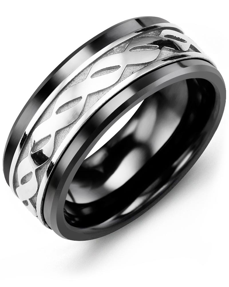 Men's & Women's Black Ceramic & White Gold Wedding Band from MADANI Rings. Wedding bands, fashion rings, promise rings, made of Tungsten, Ceramic, Cobalt, and Gold. View the collection at madanirings.com