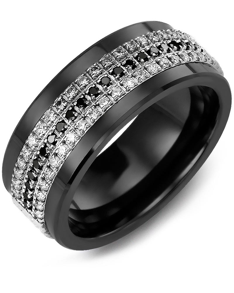 Men's & Women's Black Ceramic & White Gold + 63 White Black Diamonds 0.63ct Wedding Band from MADANI Rings. Wedding bands, fashion rings, promise rings, made of Tungsten, Ceramic, Cobalt, and Gold. View the collection at madanirings.com