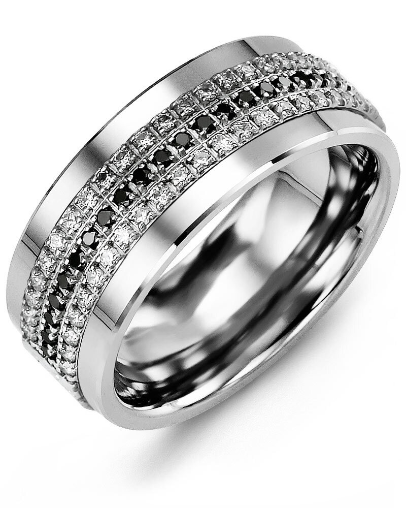 Men's & Women's Tungsten & White Gold + 63 White Black Diamonds 0.63ct Wedding Band