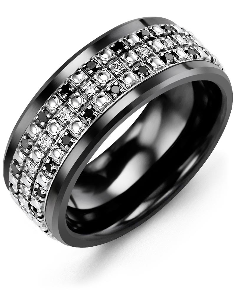Men's & Women's Black Ceramic & White Gold + 63 Black White Diamonds 0.63ct Wedding Band