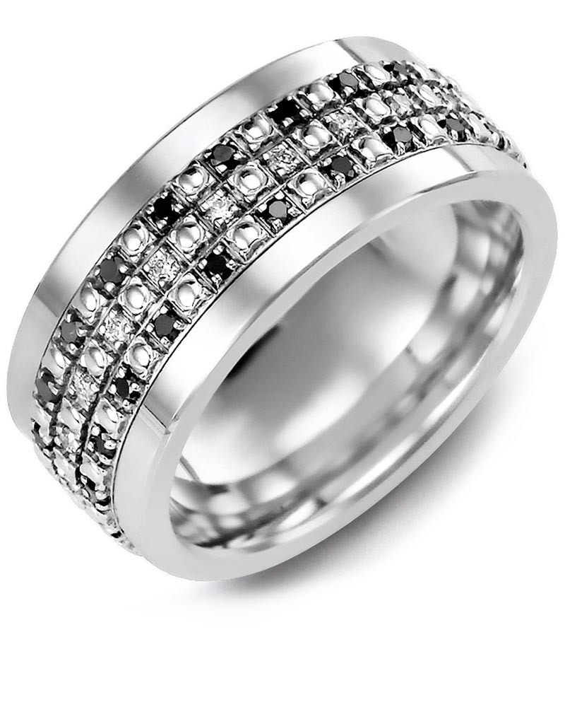 Men's & Women's Cobalt & White Gold + 63 Black White Diamonds 0.63ct Wedding Band from MADANI Rings. Wedding bands, fashion rings, promise rings, made of Tungsten, Ceramic, Cobalt, and Gold. View the collection at madanirings.com