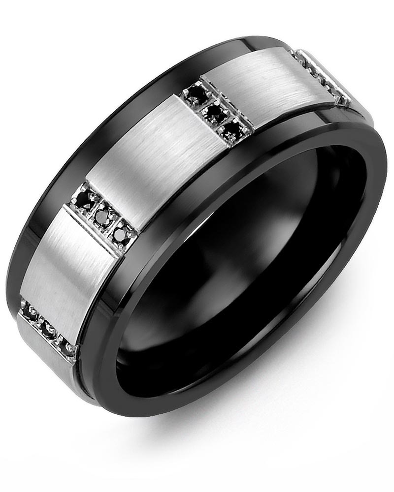 Men's & Women's Black Ceramic & White Gold + 12 Black Diamonds 0.12ct Wedding Band