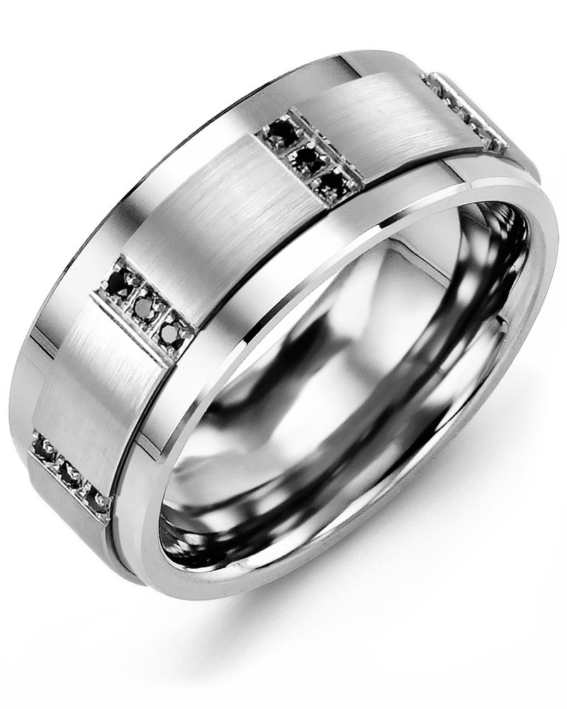 Men's & Women's Tungsten & White Gold + 12 Black Diamonds 0.12ct Wedding Band from MADANI Rings. Wedding bands, fashion rings, promise rings, made of Tungsten, Ceramic, Cobalt, and Gold. View the collection at madanirings.com