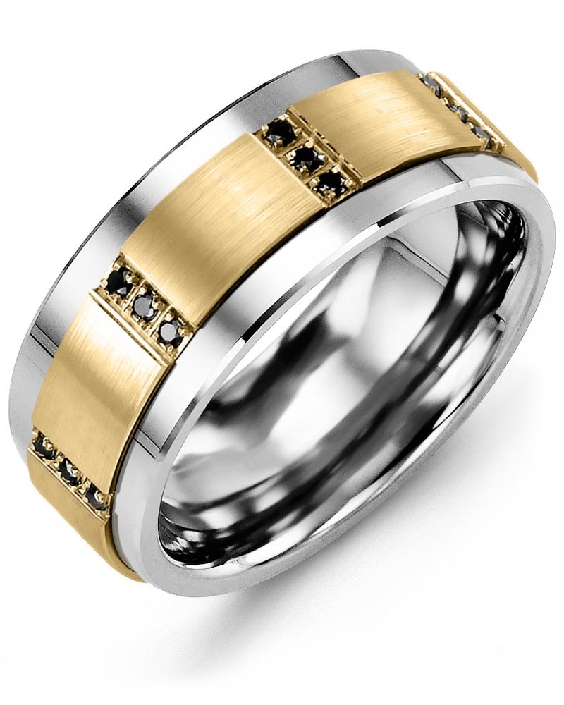 Men's & Women's Tungsten & Yellow Gold + 12 Black Diamonds 0.12ct Wedding Band