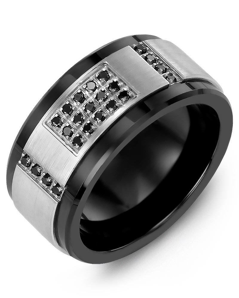 Men's & Women's Black Ceramic & White Gold + 31 Black Diamonds 0.31ct Wedding Band