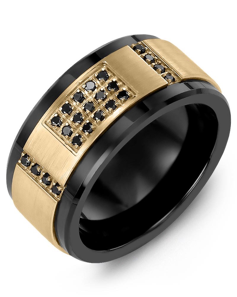 Men's & Women's Black Ceramic & Yellow Gold + 31 Black Diamonds 0.31ct Wedding Band
