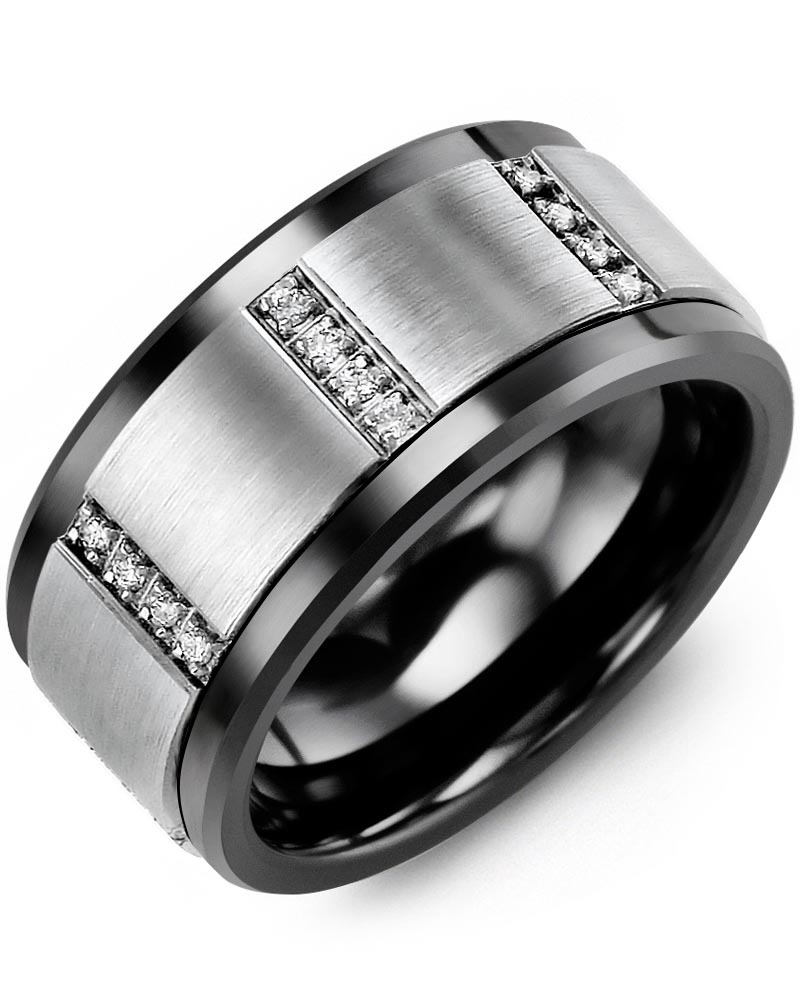 Men's & Women's Black Ceramic & White Gold + 16 Diamonds 0.16ct Wedding Band