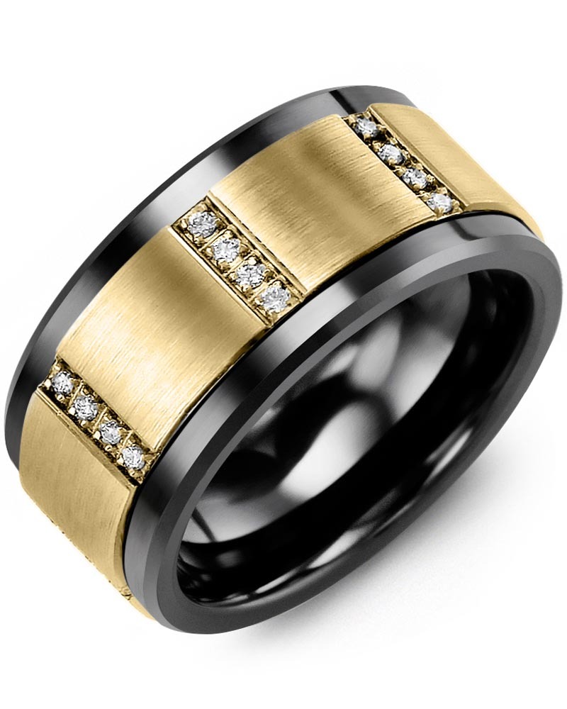 Men's & Women's Black Ceramic & Yellow Gold + 16 Diamonds 0.16ct Wedding Band