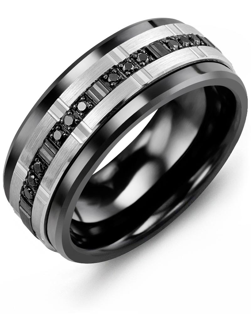 Men's & Women's Black Ceramic & White/Black Gold + 12 Black Diamonds 0.12ct Wedding Band from MADANI Rings. Wedding bands, fashion rings, promise rings, made of Tungsten, Ceramic, Cobalt, and Gold. View the collection at madanirings.com