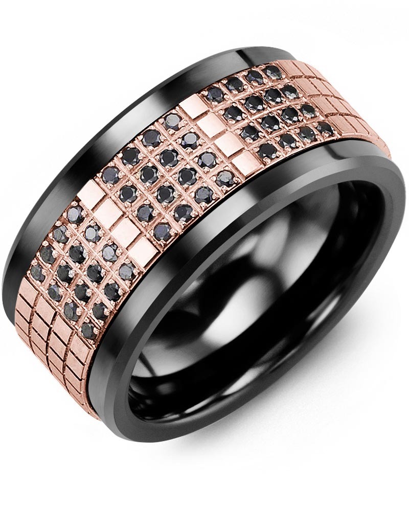 Men's & Women's Black Ceramic & Rose Gold + 48 Black Diamonds 0.48ct Wedding Band