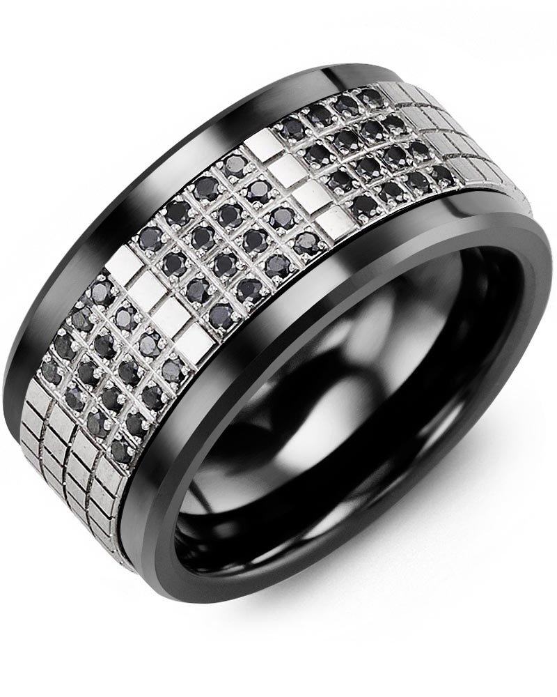 Men's & Women's Black Ceramic & White Gold + 48 Black Diamonds 0.48ct Wedding Band from MADANI Rings. Wedding bands, fashion rings, promise rings, made of Tungsten, Ceramic, Cobalt, and Gold. View the collection at madanirings.com