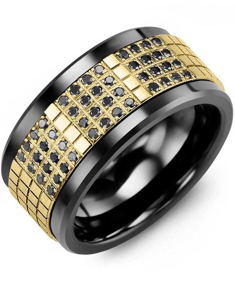 Men's & Women's Black Ceramic & Yellow Gold + 48 Black Diamonds 0.48ct Wedding Band