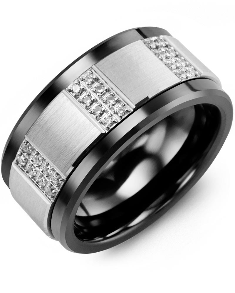 Men's & Women's Black Ceramic & White Gold + 24 Diamonds 0.24ct Wedding Band