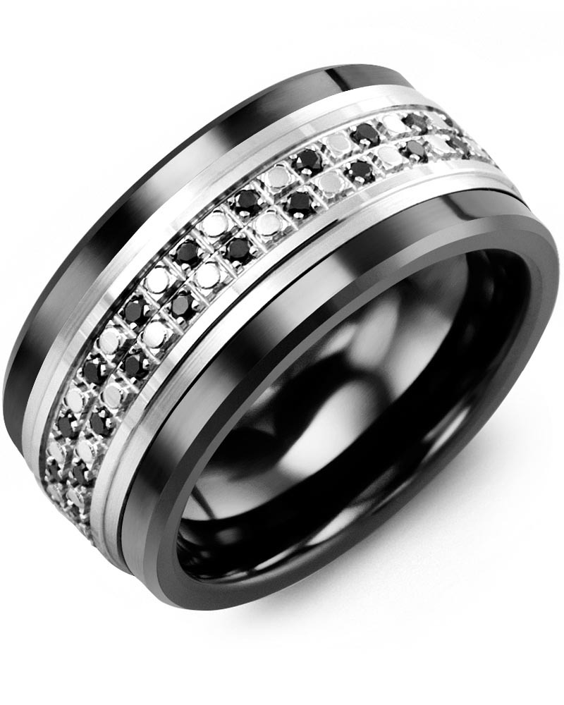 Men's & Women's Black Ceramic & White Gold + 44 Black Diamonds 0.44ct Wedding Band