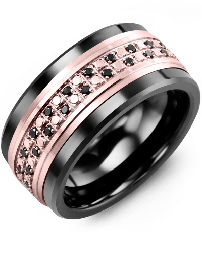 Men's & Women's Black Ceramic & Rose Gold + 44 Black Diamonds 0.44ct Wedding Band