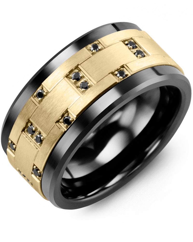 Men's & Women's Black Ceramic & Yellow Gold + 14 Black Diamonds 0.14ct Wedding Band