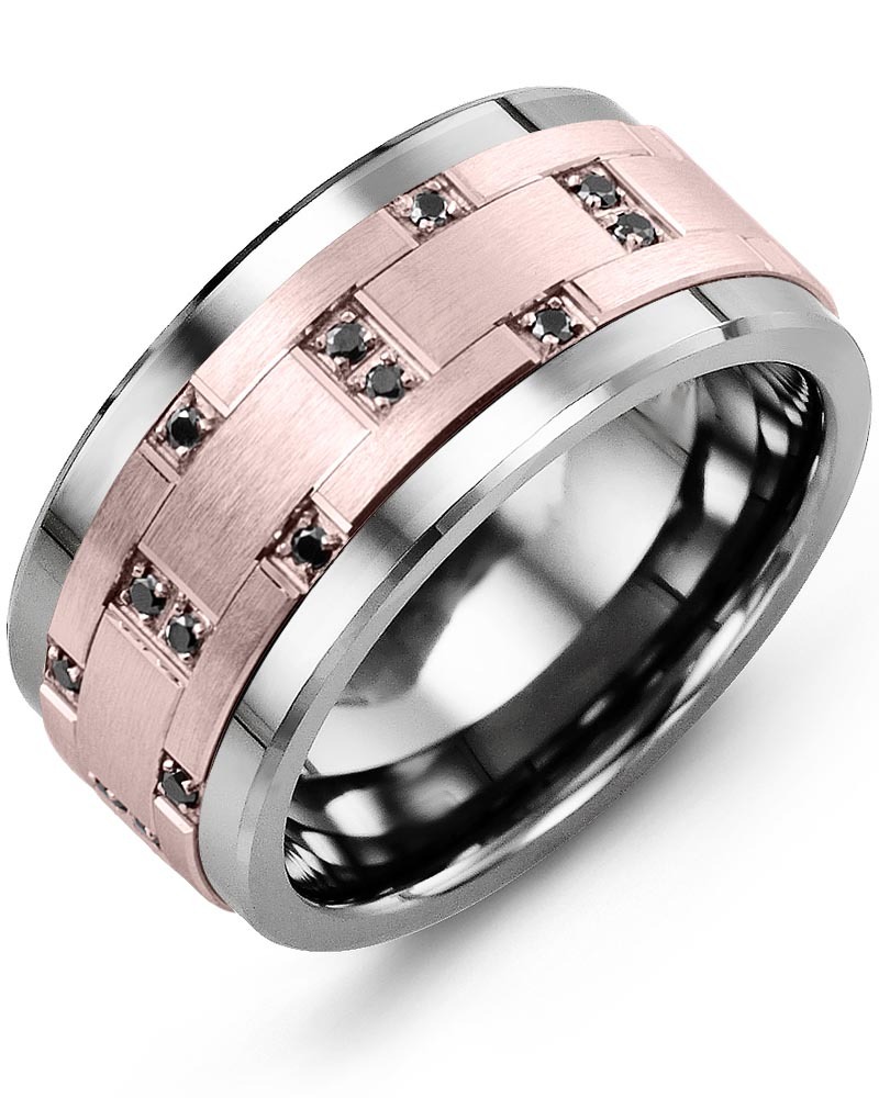 Men's & Women's Tungsten & Rose Gold + 14 Black Diamonds 0.14ct Wedding Band