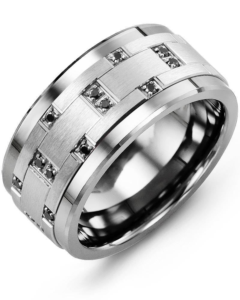 Men's & Women's Tungsten & White Gold + 14 Black Diamonds 0.14ct Wedding Band