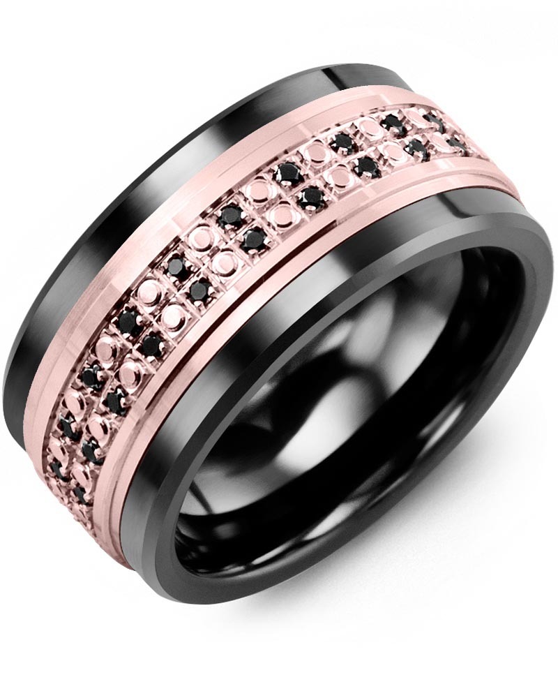 Men's & Women's Black Ceramic & Rose Gold + 50 Black Diamonds 0.50ct Wedding Band