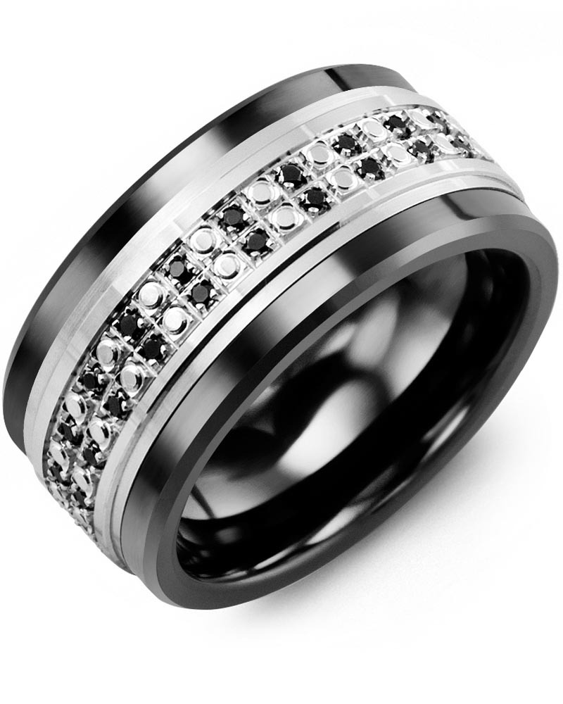 Men's & Women's Black Ceramic & White Gold + 50 Black Diamonds 0.50ct Wedding Band from MADANI Rings. Wedding bands, fashion rings, promise rings, made of Tungsten, Ceramic, Cobalt, and Gold. View the collection at madanirings.com