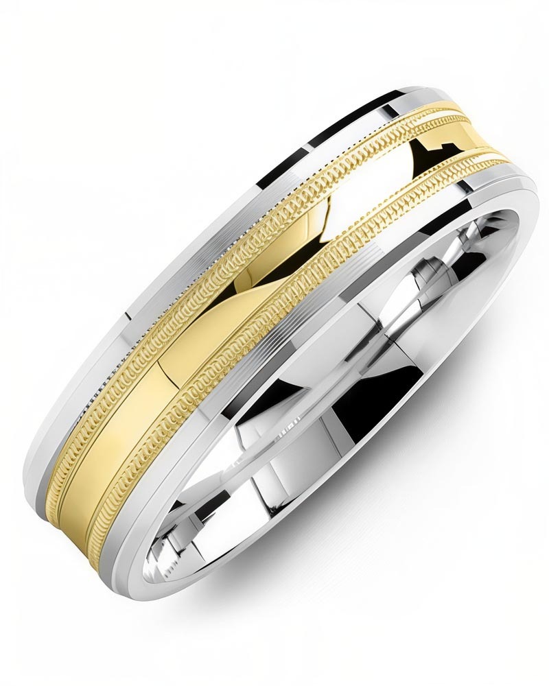 Men's & Women's White Gold & Yellow Gold Wedding Band from MADANI Rings. Wedding bands, fashion rings, promise rings, made of Tungsten, Ceramic, Cobalt, and Gold. View the collection at madanirings.com