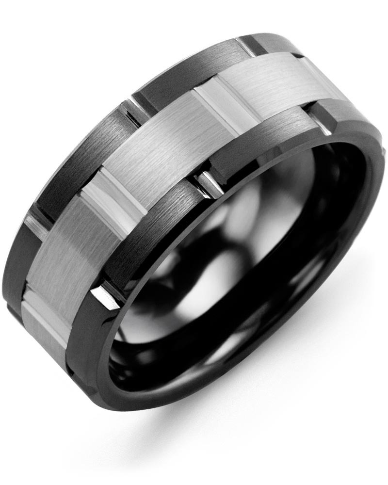 Men's & Women's Black Ceramic Brush Grooves & White Gold Wedding Band