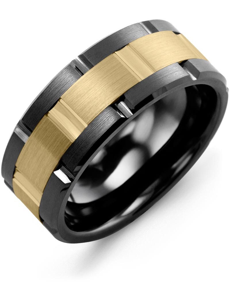 Men's & Women's Black Ceramic Brush Grooves & Yellow Gold Wedding Band