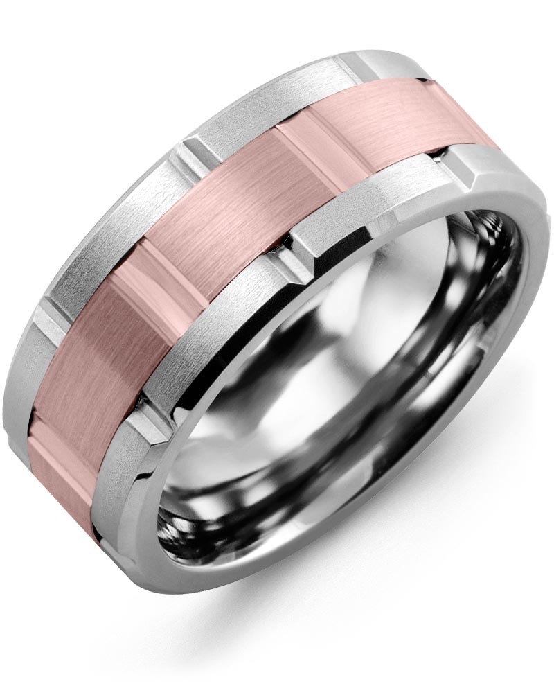 Men's & Women's Cobalt Brush Grooves & Rose Gold Wedding Band from MADANI Rings. Wedding bands, fashion rings, promise rings, made of Tungsten, Ceramic, Cobalt, and Gold. View the collection at madanirings.com