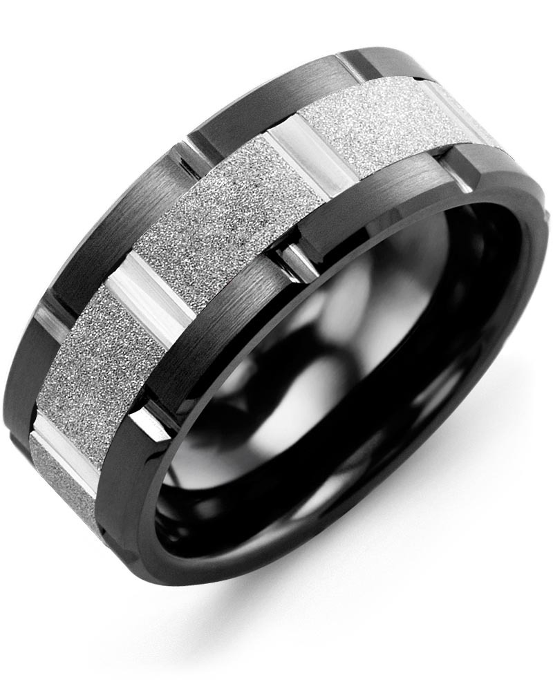 Men's & Women's Black Ceramic Brush Grooves & White Gold Wedding Band from MADANI Rings. Wedding bands, fashion rings, promise rings, made of Tungsten, Ceramic, Cobalt, and Gold. View the collection at madanirings.com