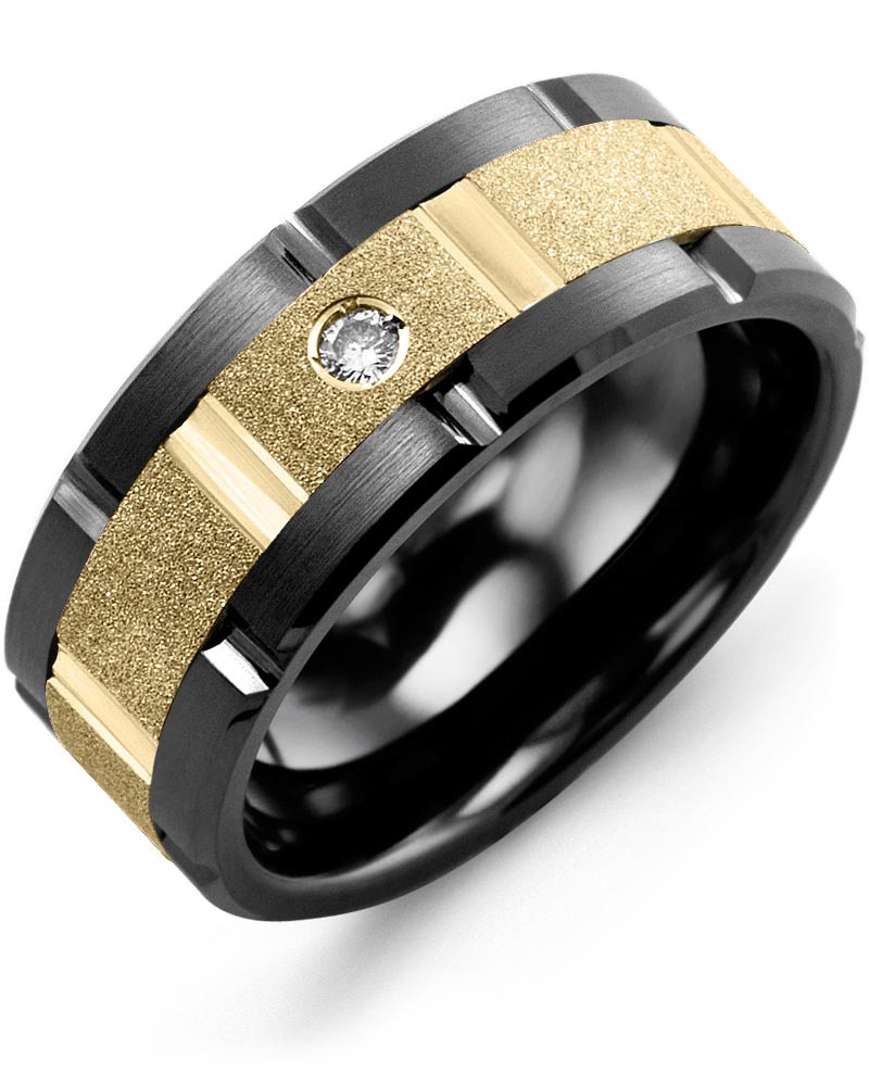 Men's & Women's Black Ceramic Brush Grooves & Yellow Gold + 1 Diamond 0.05ct Wedding Band