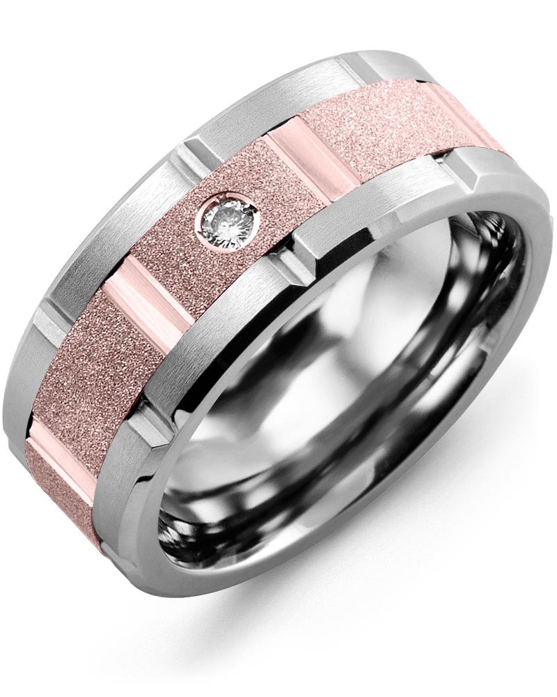 Men's & Women's Tungsten Brush Grooves & Rose Gold + 1 Diamond 0.05ct Wedding Band