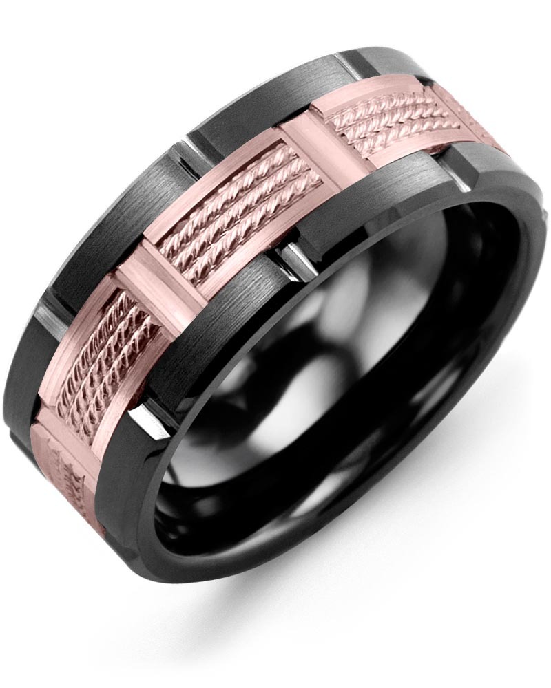 Men's & Women's Black Ceramic Brush Grooves & Rose Gold Wedding Band