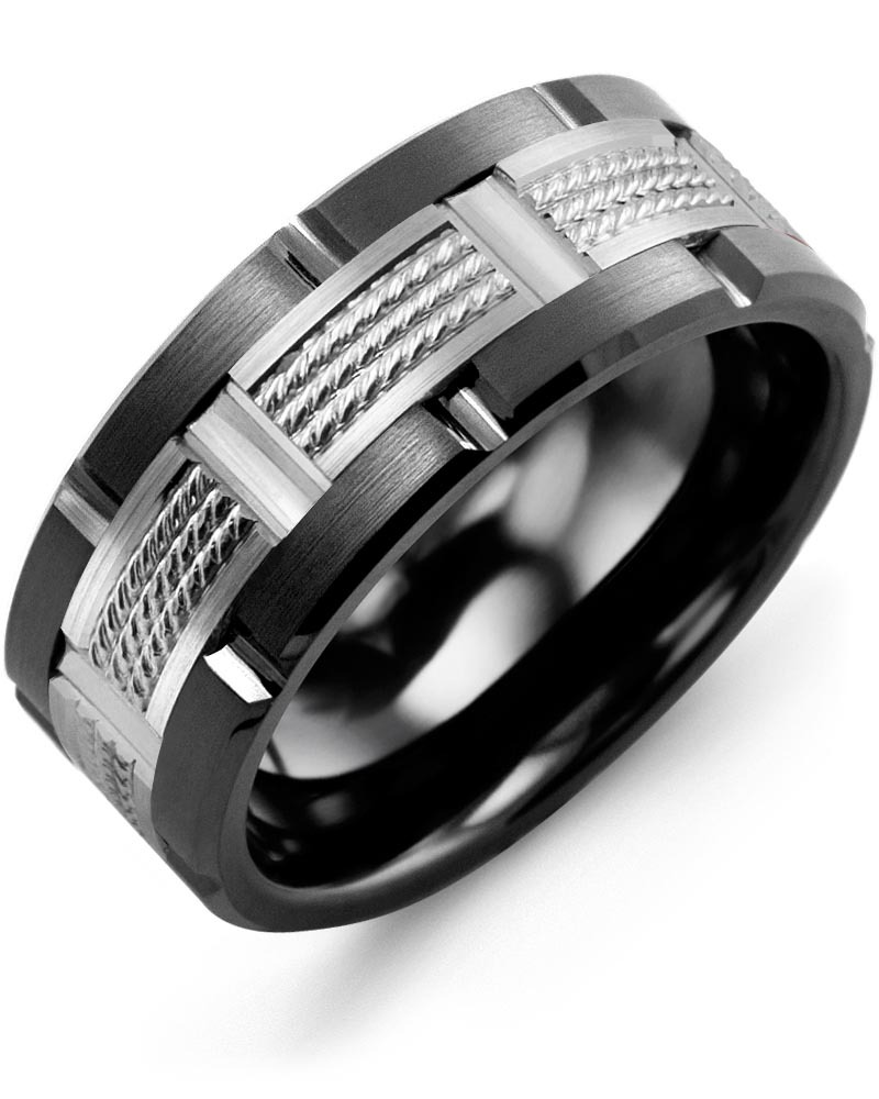 Men's & Women's Black Ceramic Brush Grooves & White Gold Wedding Band
