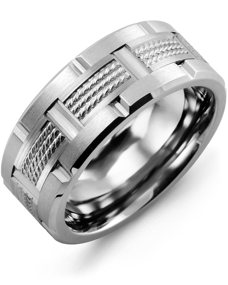 Men's & Women's Cobalt Brush Grooves & White Gold Wedding Band from MADANI Rings. Wedding bands, fashion rings, promise rings, made of Tungsten, Ceramic, Cobalt, and Gold. View the collection at madanirings.com