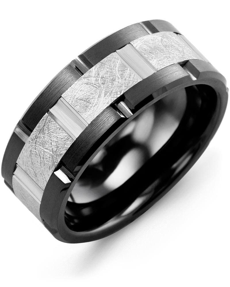 Men's & Women's Black Ceramic Brush Grooves & White Gold Wedding Band from MADANI Rings. Wedding bands, fashion rings, promise rings, made of Tungsten, Ceramic, Cobalt, and Gold. View the collection at madanirings.com
