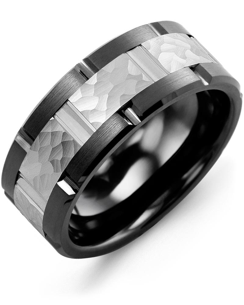 Men's & Women's Black Ceramic Brush Grooves & White Gold Wedding Band