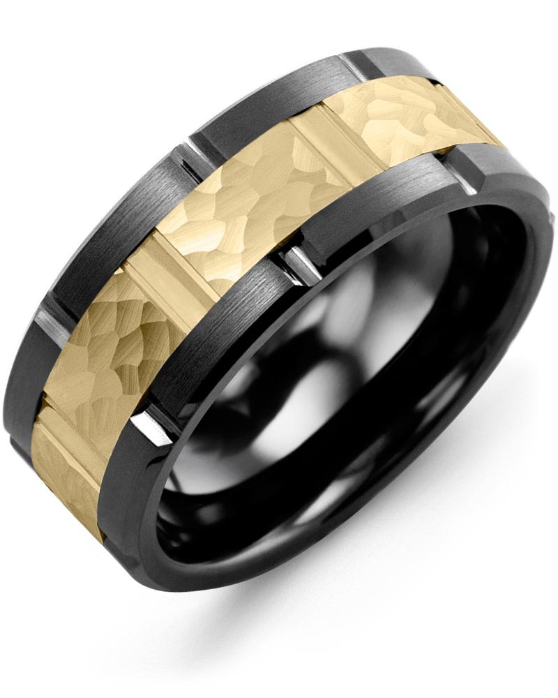 Men's & Women's Black Ceramic Brush Grooves & Yellow Gold Wedding Band from MADANI Rings. Wedding bands, fashion rings, promise rings, made of Tungsten, Ceramic, Cobalt, and Gold. View the collection at madanirings.com