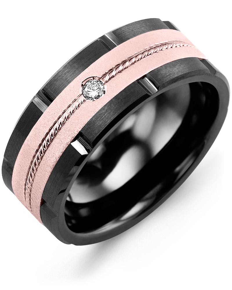 Men's & Women's Black Ceramic Brush Grooves & Rose Gold + 1 Diamond 0.05ct Wedding Band