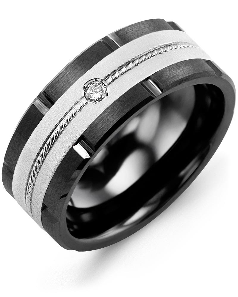 Men's & Women's Black Ceramic Brush Grooves & White Gold + 1 Diamond 0.05ct Wedding Band from MADANI Rings. Wedding bands, fashion rings, promise rings, made of Tungsten, Ceramic, Cobalt, and Gold. View the collection at madanirings.com