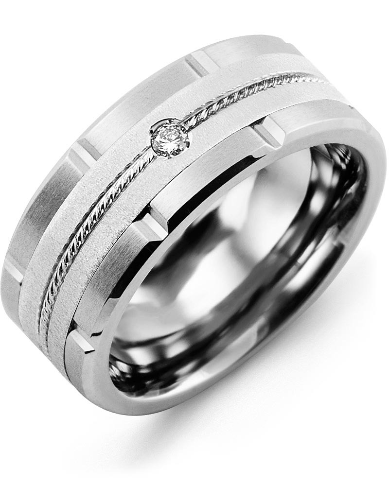 Men's & Women's Cobalt Brush Grooves & White Gold + 1 Diamond 0.05ct Wedding Band