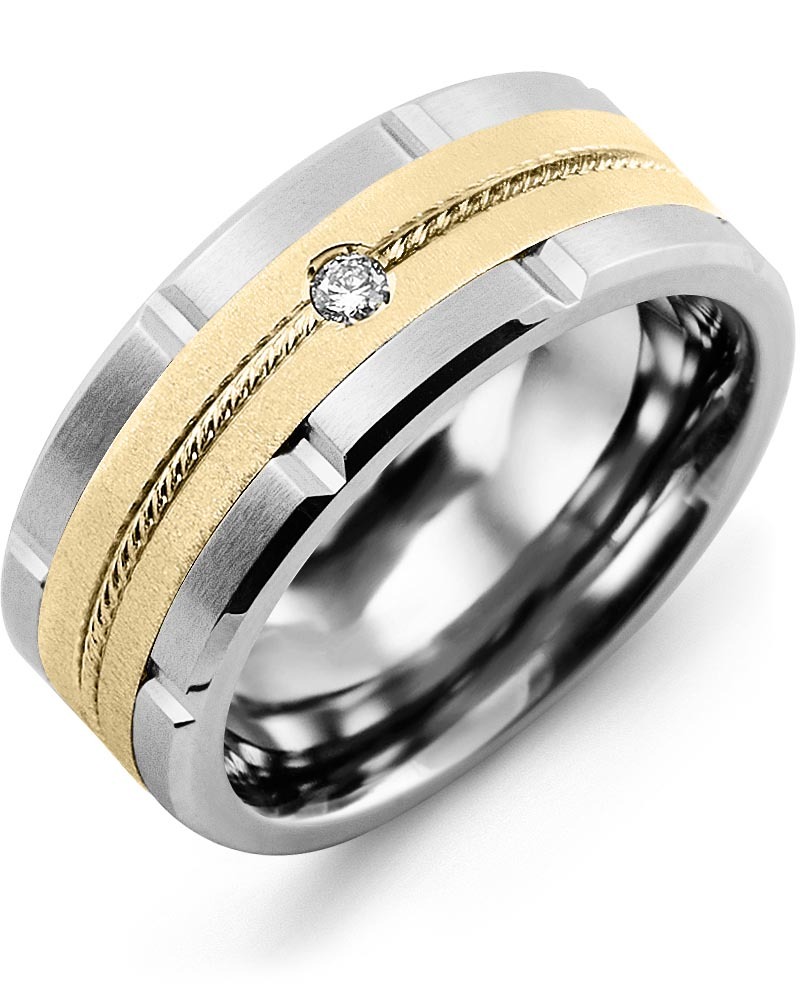 Men's & Women's Cobalt Brush Grooves & Yellow Gold + 1 Diamond 0.05ct Wedding Band