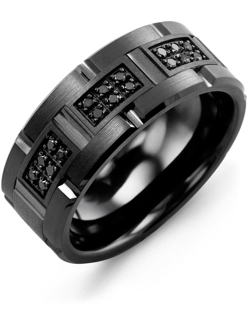 Men's & Women's Black Ceramic Brush Grooves & Black Gold + 18 Black Diamonds 0.18ct Wedding Band
