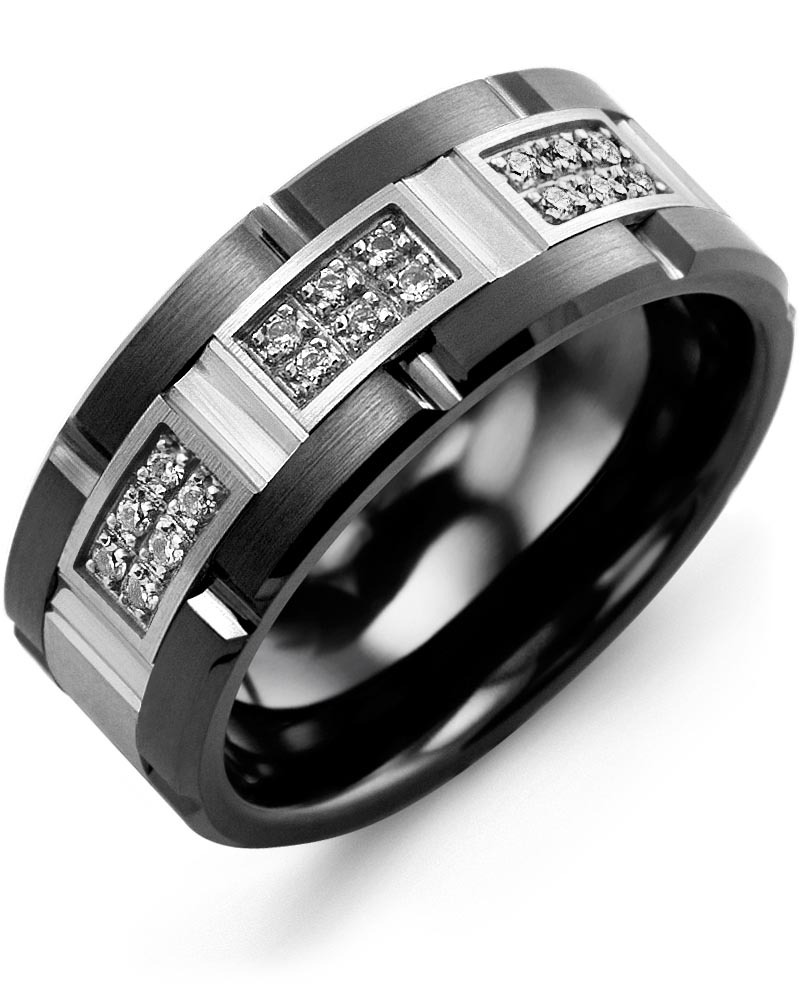Men's & Women's Black Ceramic Brush Grooves & White Gold + 18 Diamonds 0.18ct Wedding Band