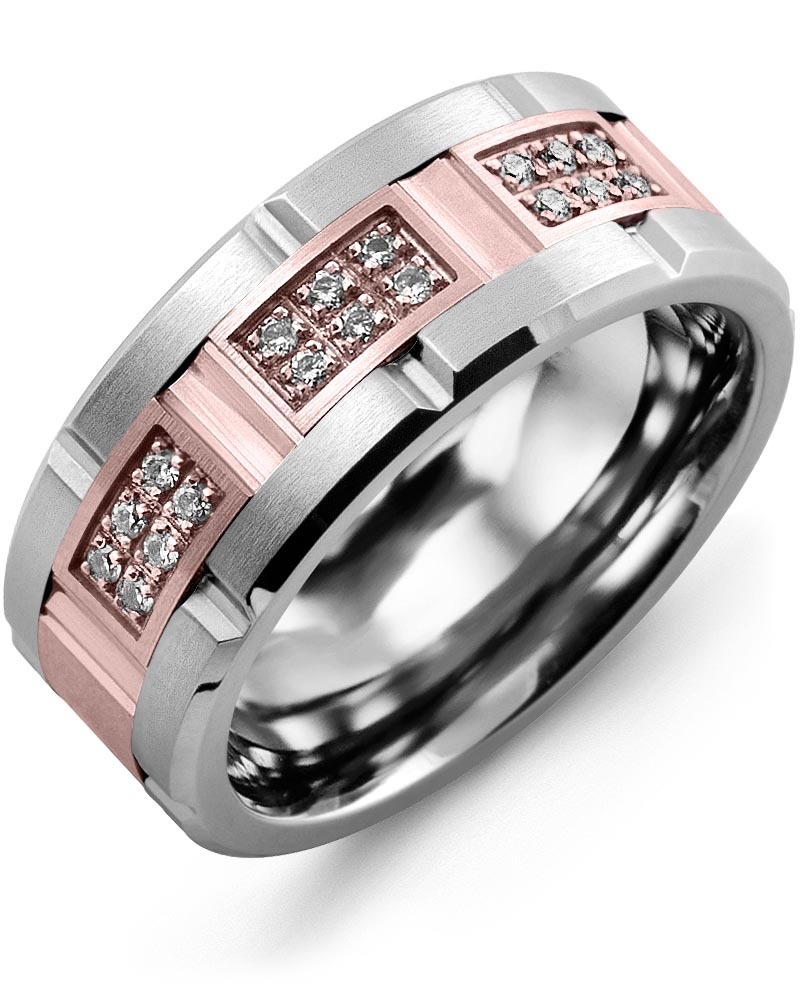 Men's & Women's Cobalt Brush Grooves & Rose Gold + 18 Diamonds 0.18ct Wedding Band