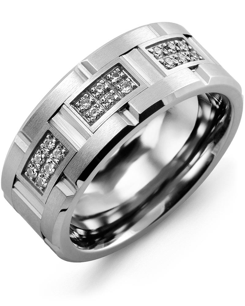 Men's & Women's Cobalt Brush Grooves & White Gold + 18 Diamonds 0.18ct Wedding Band from MADANI Rings. Wedding bands, fashion rings, promise rings, made of Tungsten, Ceramic, Cobalt, and Gold. View the collection at madanirings.com