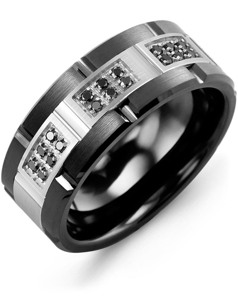 Men's & Women's Black Ceramic Brush Grooves & White Gold + 18 Black Diamonds 0.18ct Wedding Band