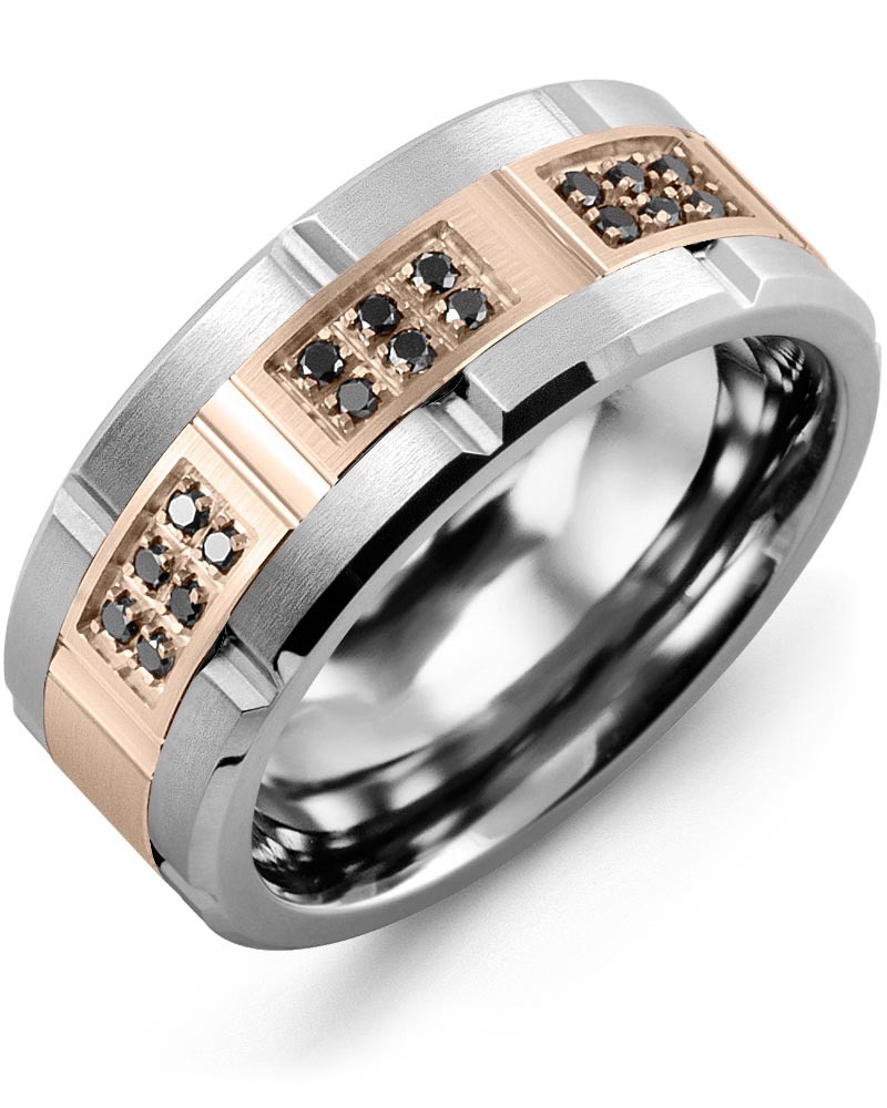 Men's & Women's Tungsten Brush Grooves & Rose Gold + 18 Black Diamonds 0.18ct Wedding Band