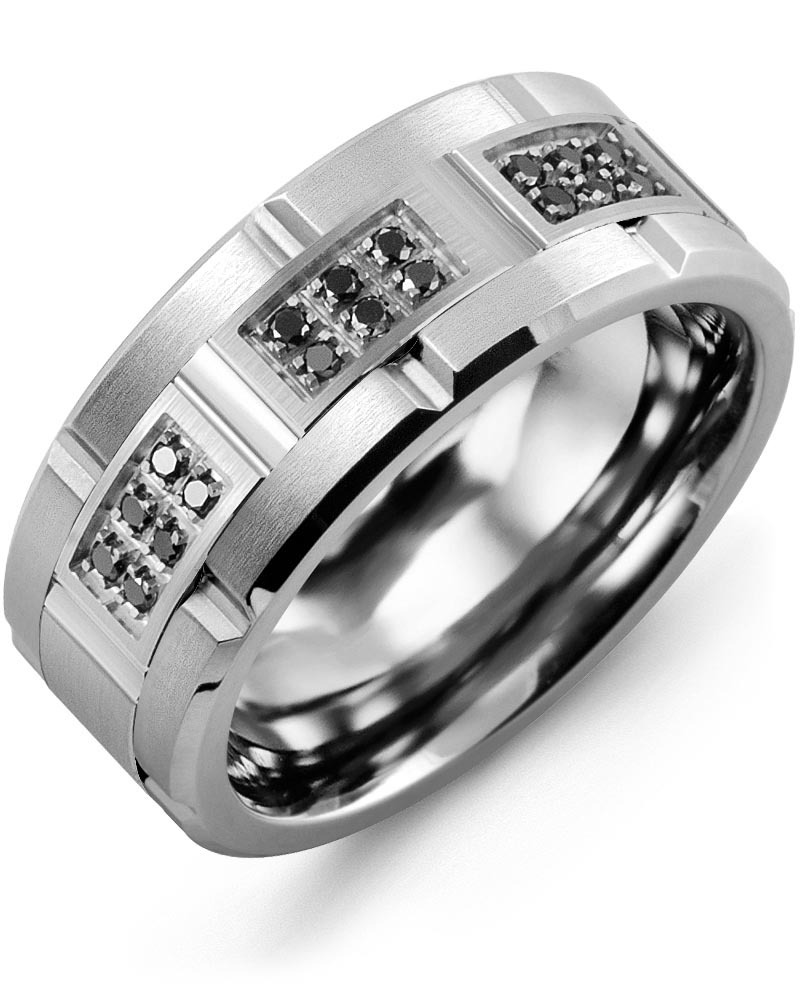 Men's & Women's Tungsten Brush Grooves & White Gold + 18 Black Diamonds 0.18ct Wedding Band from MADANI Rings. Wedding bands, fashion rings, promise rings, made of Tungsten, Ceramic, Cobalt, and Gold. View the collection at madanirings.com