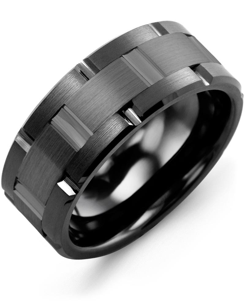Men's & Women's Black Ceramic Brush Grooves & Black Gold Wedding Band